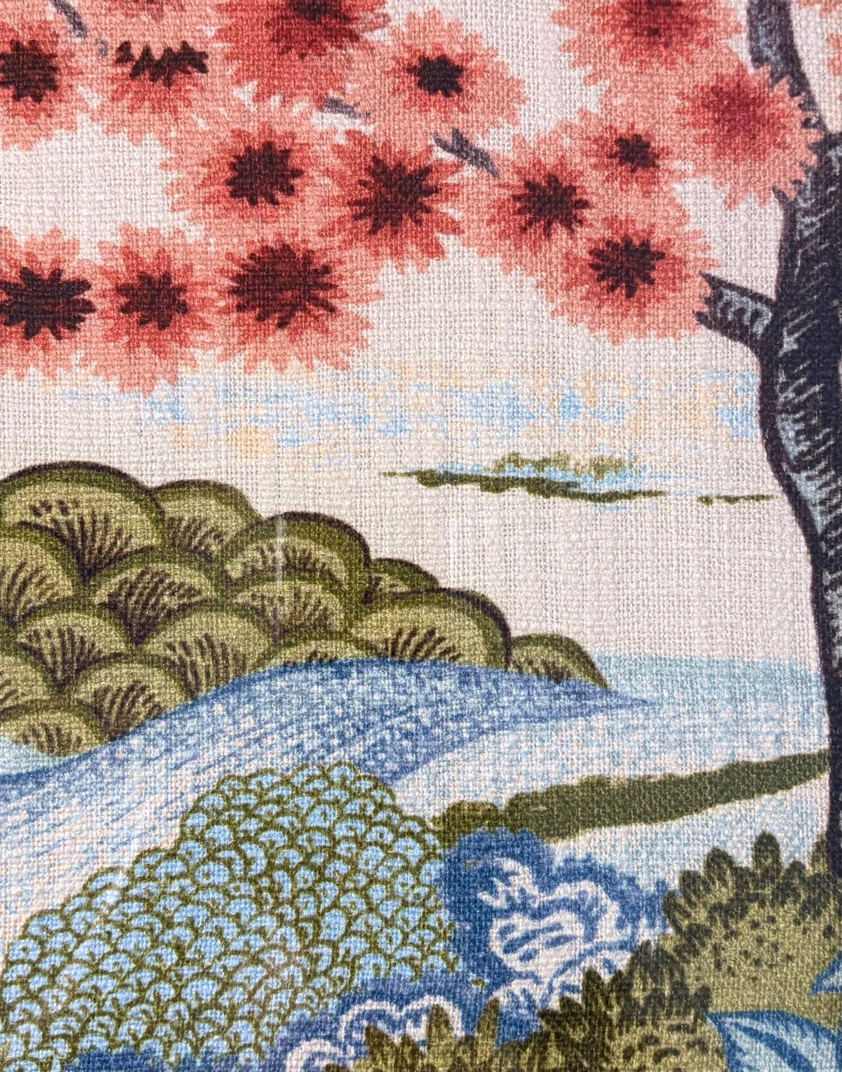Chinoiserie Cherry Blossom Fabric Art – Wasabi Chevron Mat, Gold Bamboo Frame (12×15)