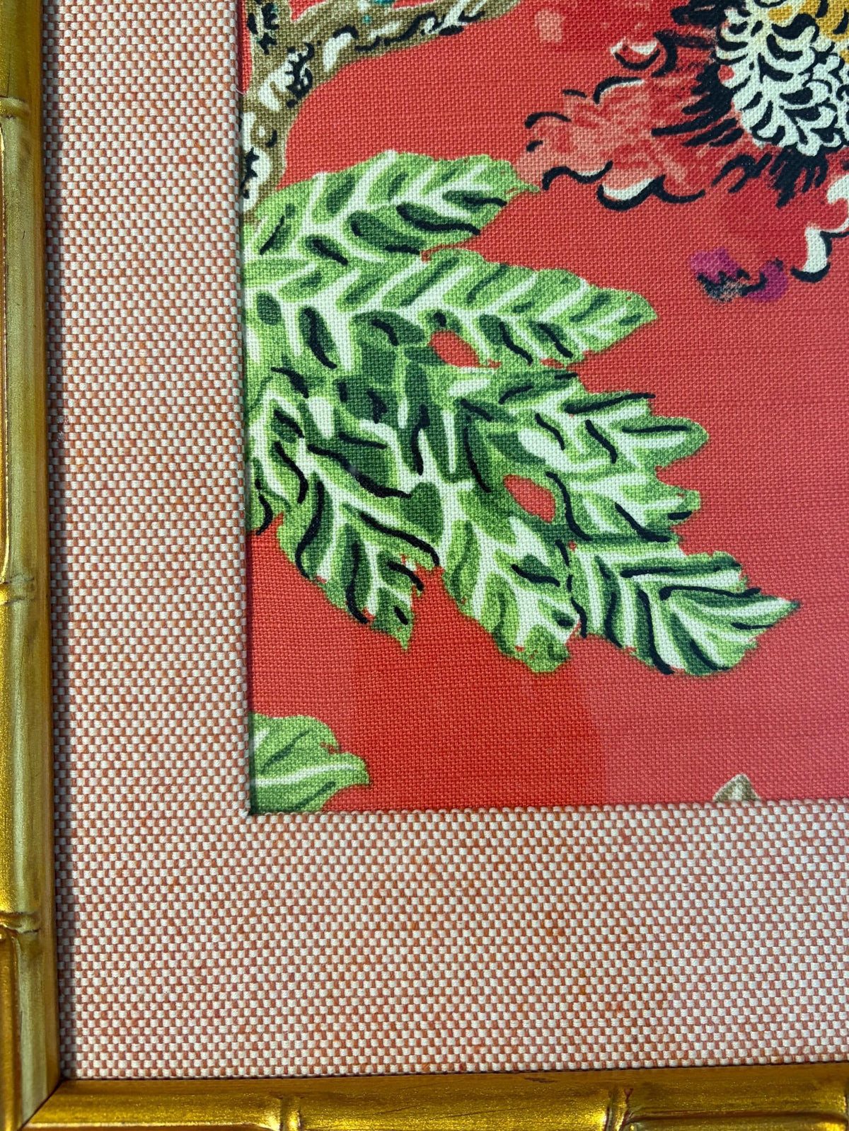 Chinoiserie Floral Fabric Art – Gold Bamboo Frame (12×15)