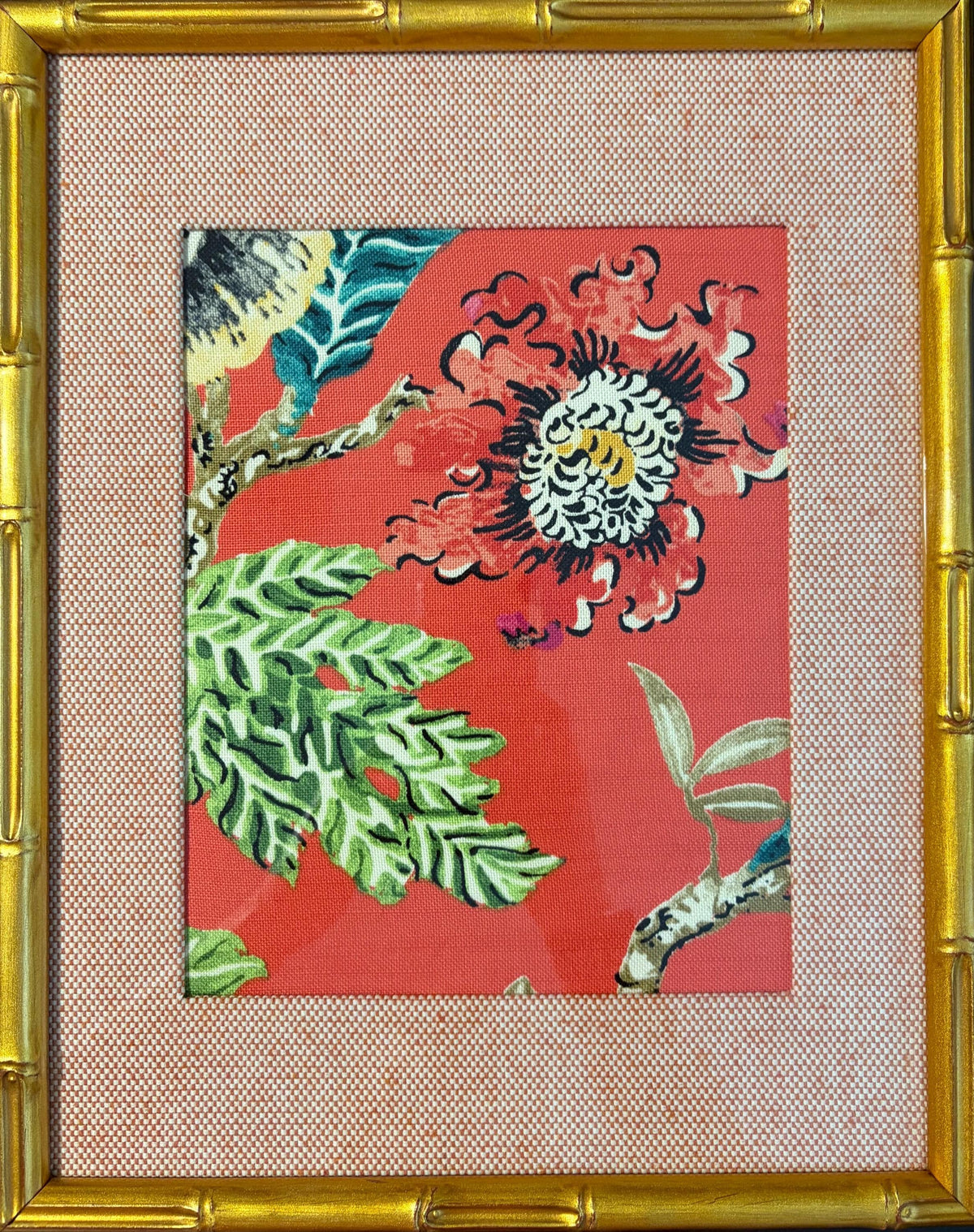Chinoiserie Floral Fabric Art – Gold Bamboo Frame (12×15)