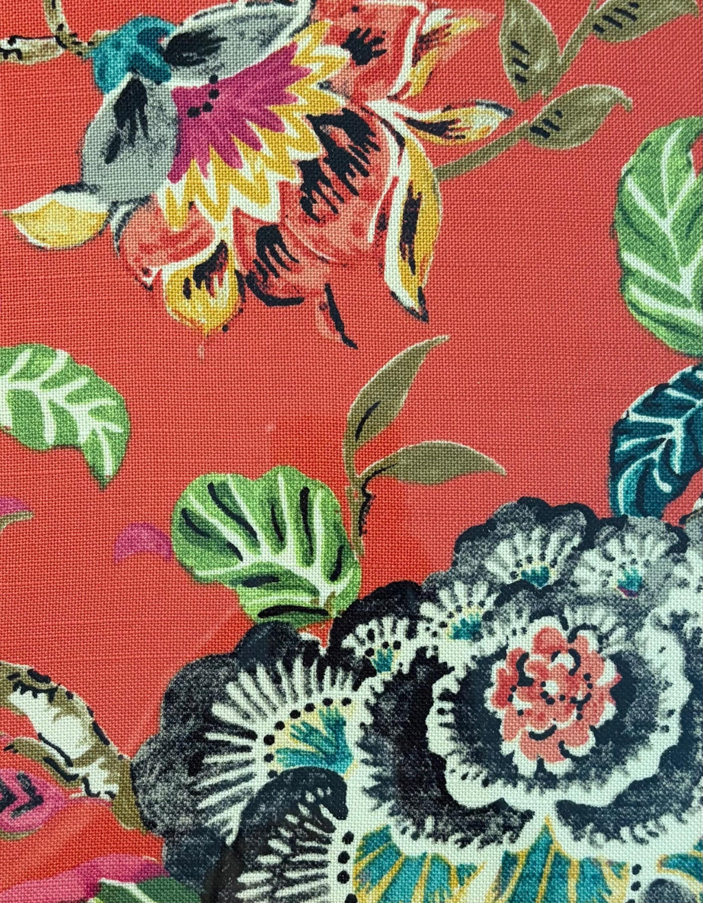 Maximalist Coral Red Floral Fabric Art in Gold Bamboo Frame - Peony & Tropical Foliage Wall Decor 12x15