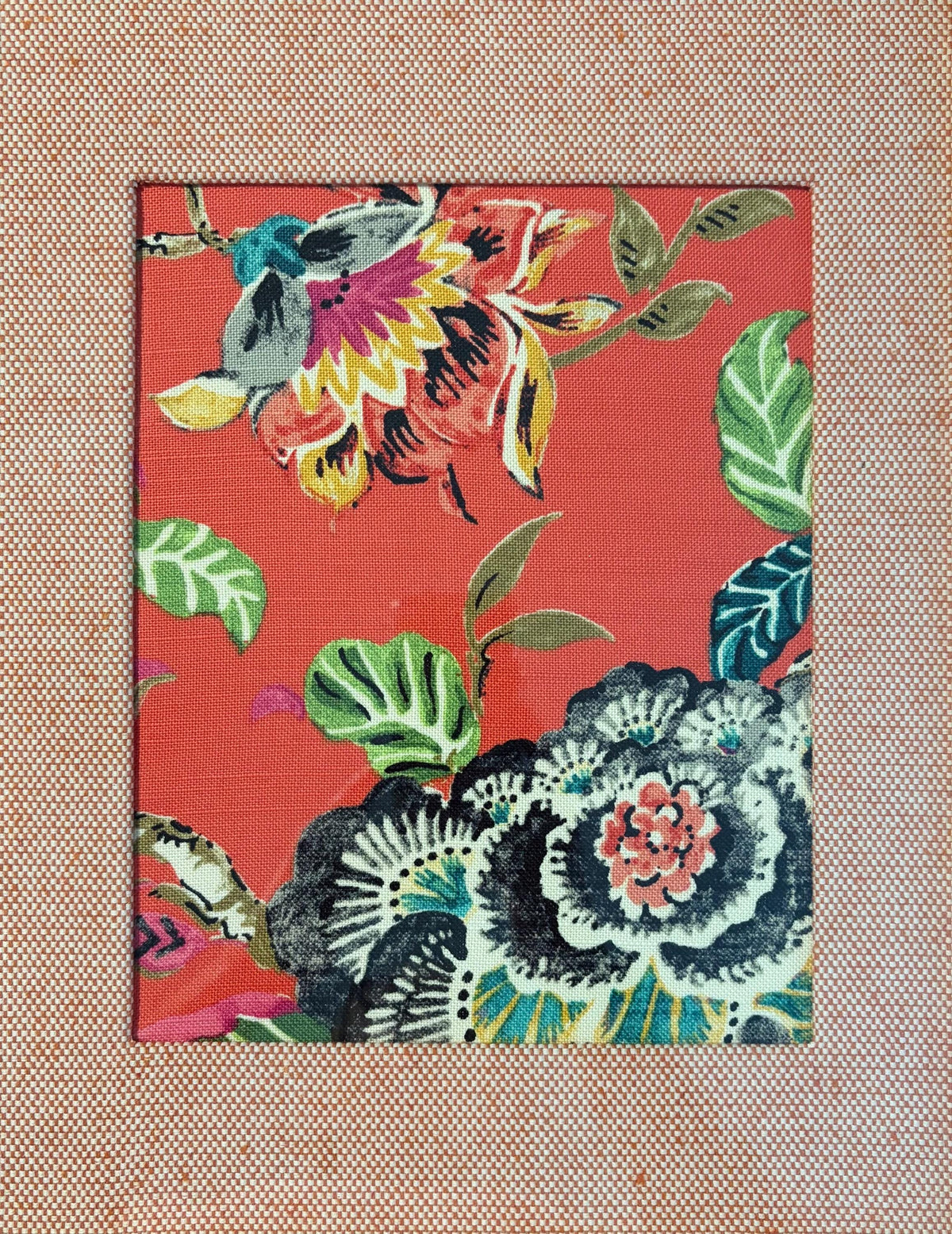 Maximalist Coral Red Floral Fabric Art in Gold Bamboo Frame - Peony & Tropical Foliage Wall Decor 12x15