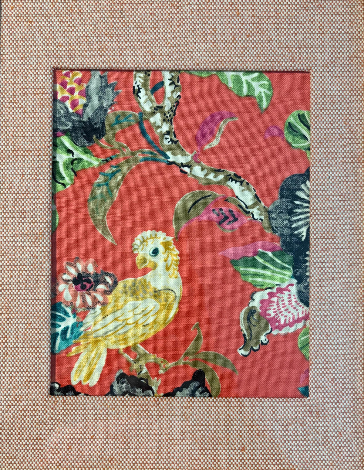 Coral Red Cockatoo Botanical Fabric Art in Gold Bamboo Frame - 12x15 Tropical Bird Wall Decor