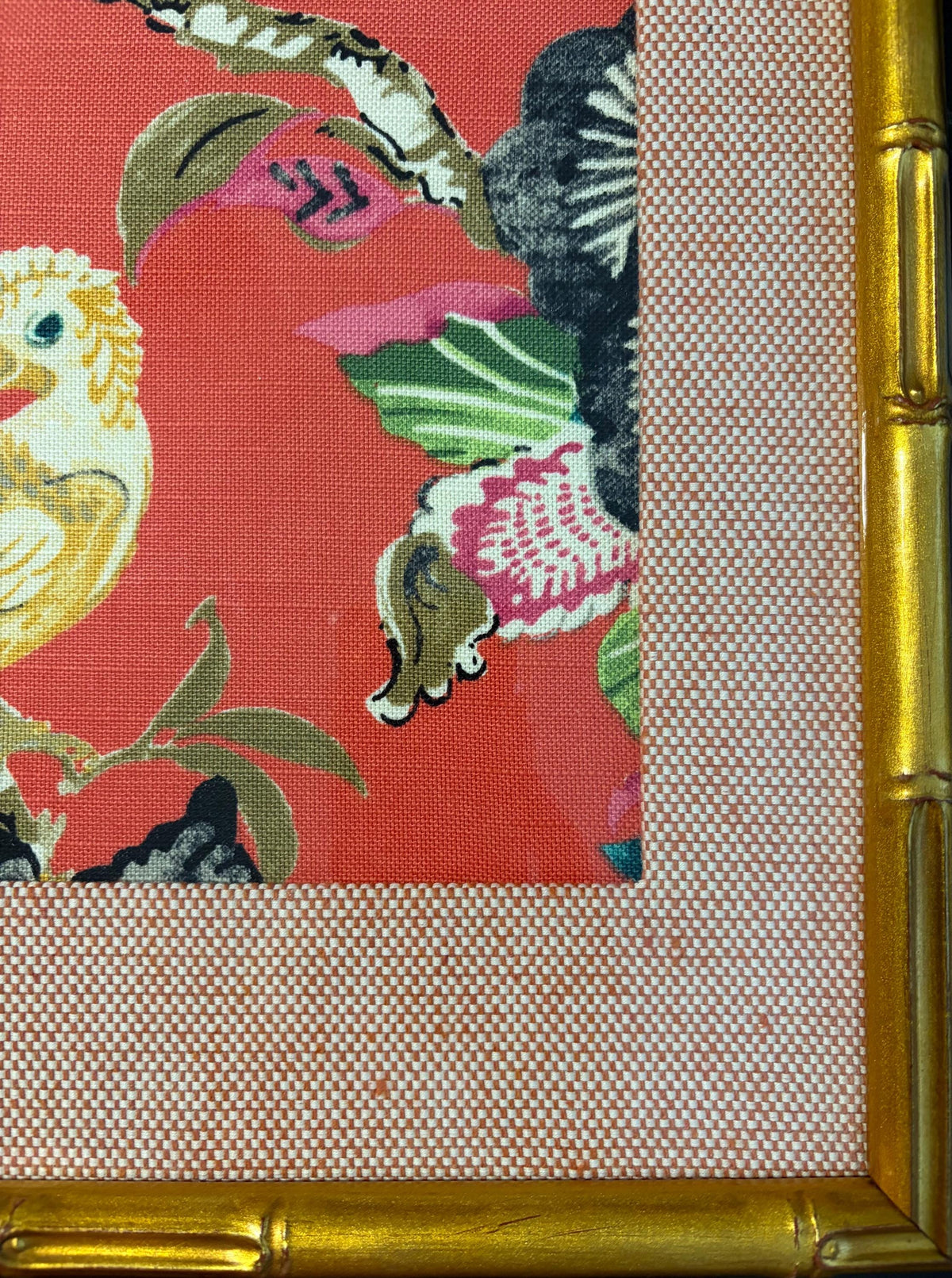 Coral Red Cockatoo Botanical Fabric Art in Gold Bamboo Frame - 12x15 Tropical Bird Wall Decor