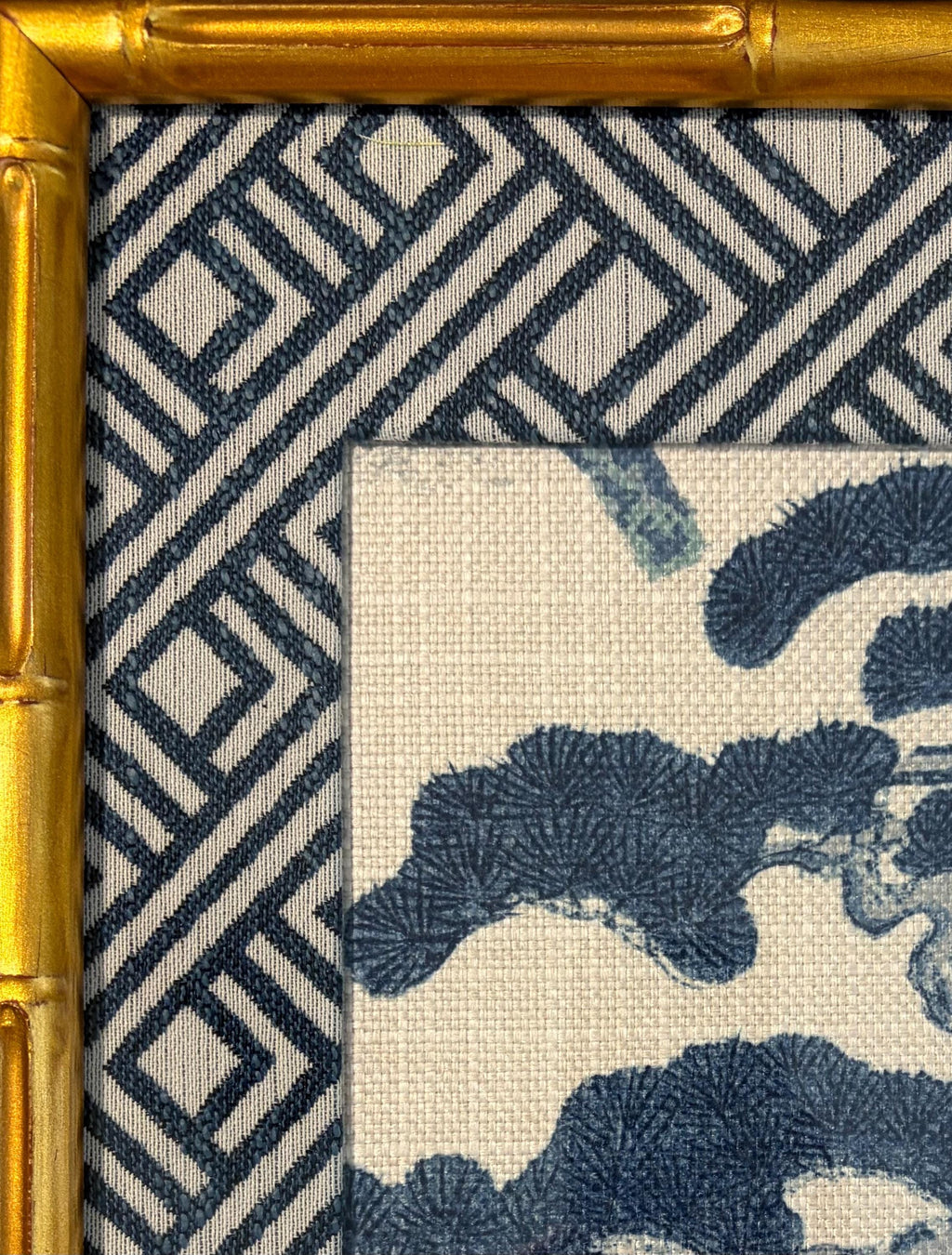 Chinoiserie Pine & Scholar's Rock Fabric Wall Art | 12x15 Gold Bamboo Frame | Zen Indigo