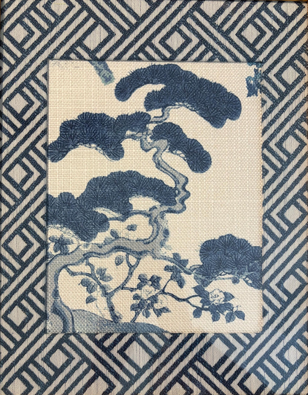 Chinoiserie Pine & Scholar's Rock Fabric Wall Art | 12x15 Gold Bamboo Frame | Zen Indigo