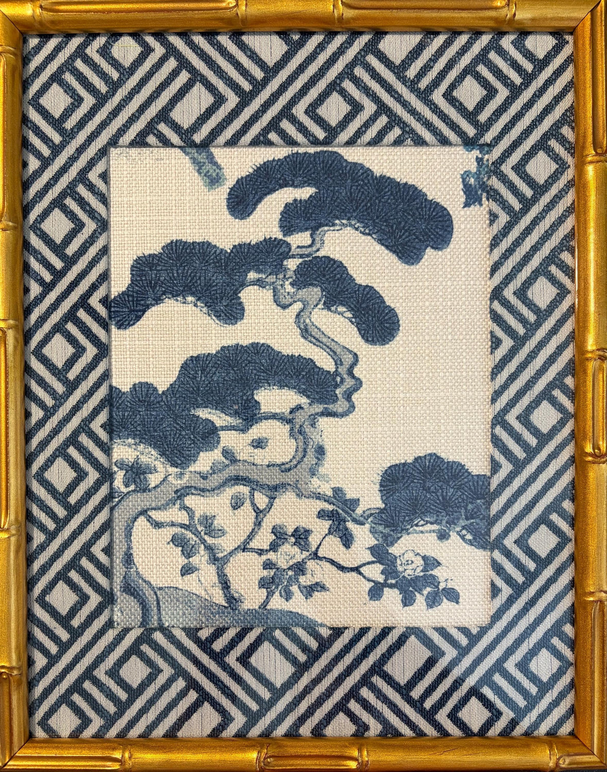 Chinoiserie Pine & Scholar's Rock Fabric Wall Art | 12x15 Gold Bamboo Frame | Zen Indigo