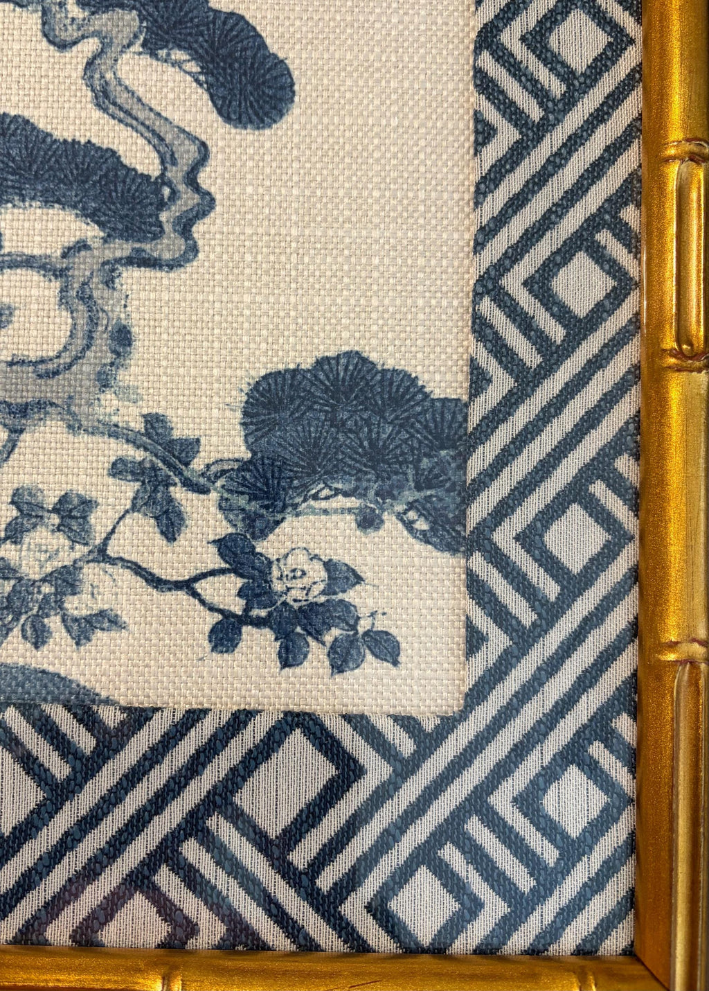 Chinoiserie Pine & Scholar's Rock Fabric Wall Art | 12x15 Gold Bamboo Frame | Zen Indigo