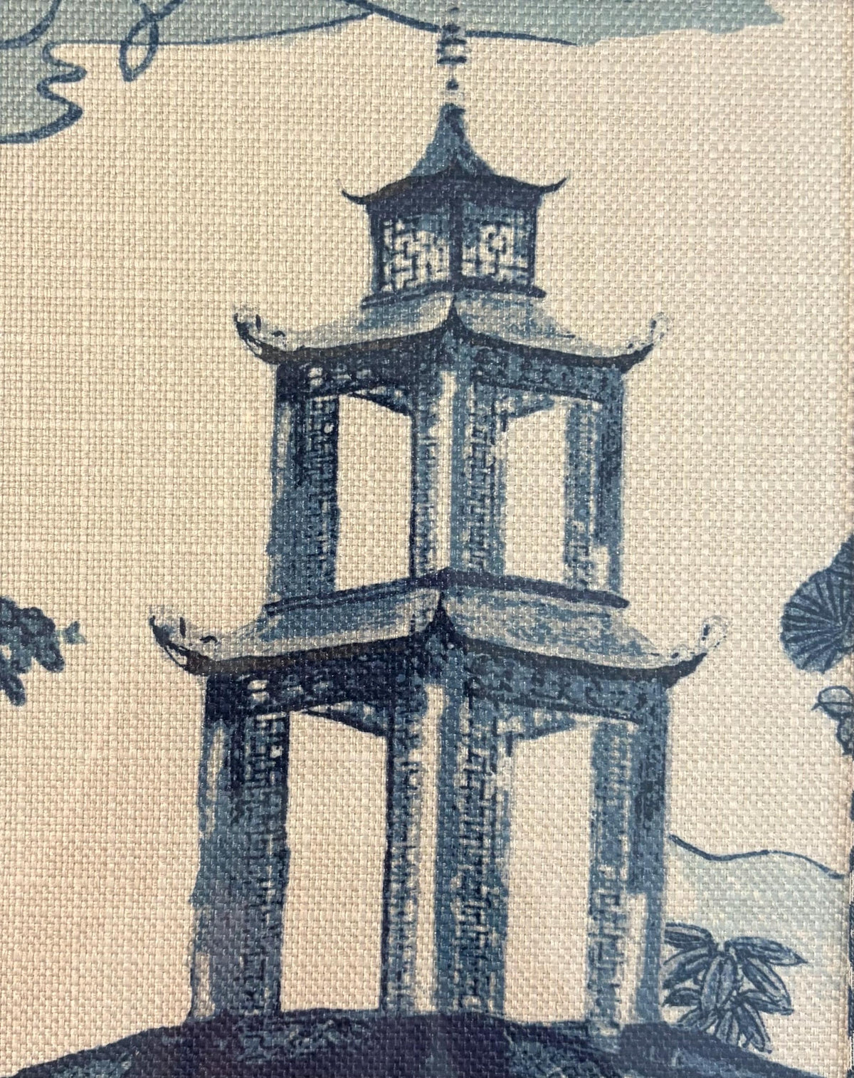 Chinoiserie Pagoda Fabric Wall Art | 12x15 Gold Frame | Zen Indigo