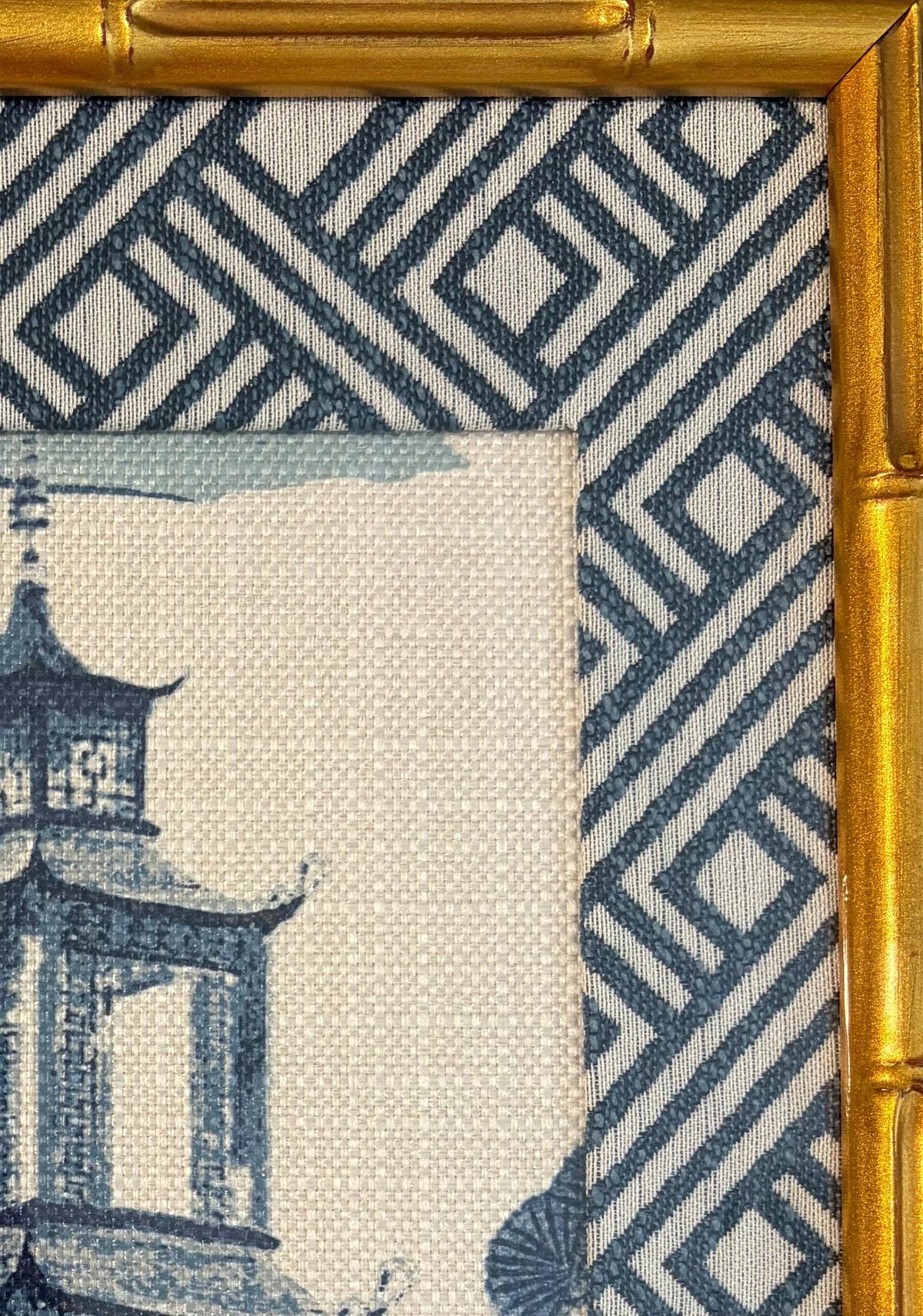 Chinoiserie Pagoda Fabric Wall Art | 12x15 Gold Frame | Zen Indigo