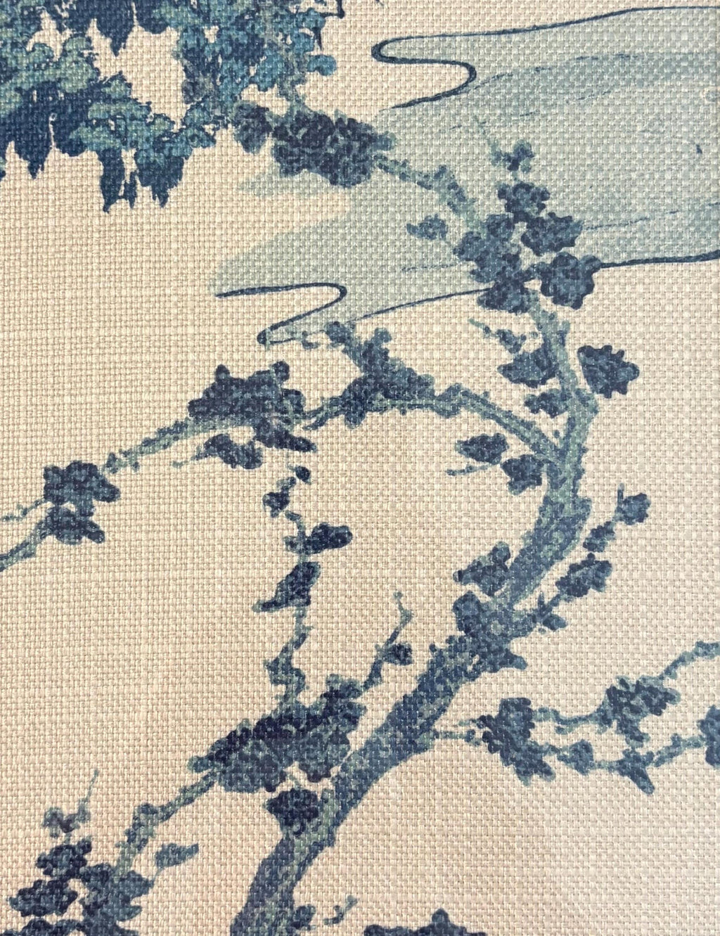 Chinoiserie Indigo Cherry Blossom Fabric Wall Art in Gold Bamboo Frame - Zen Textile Decor 12x15
