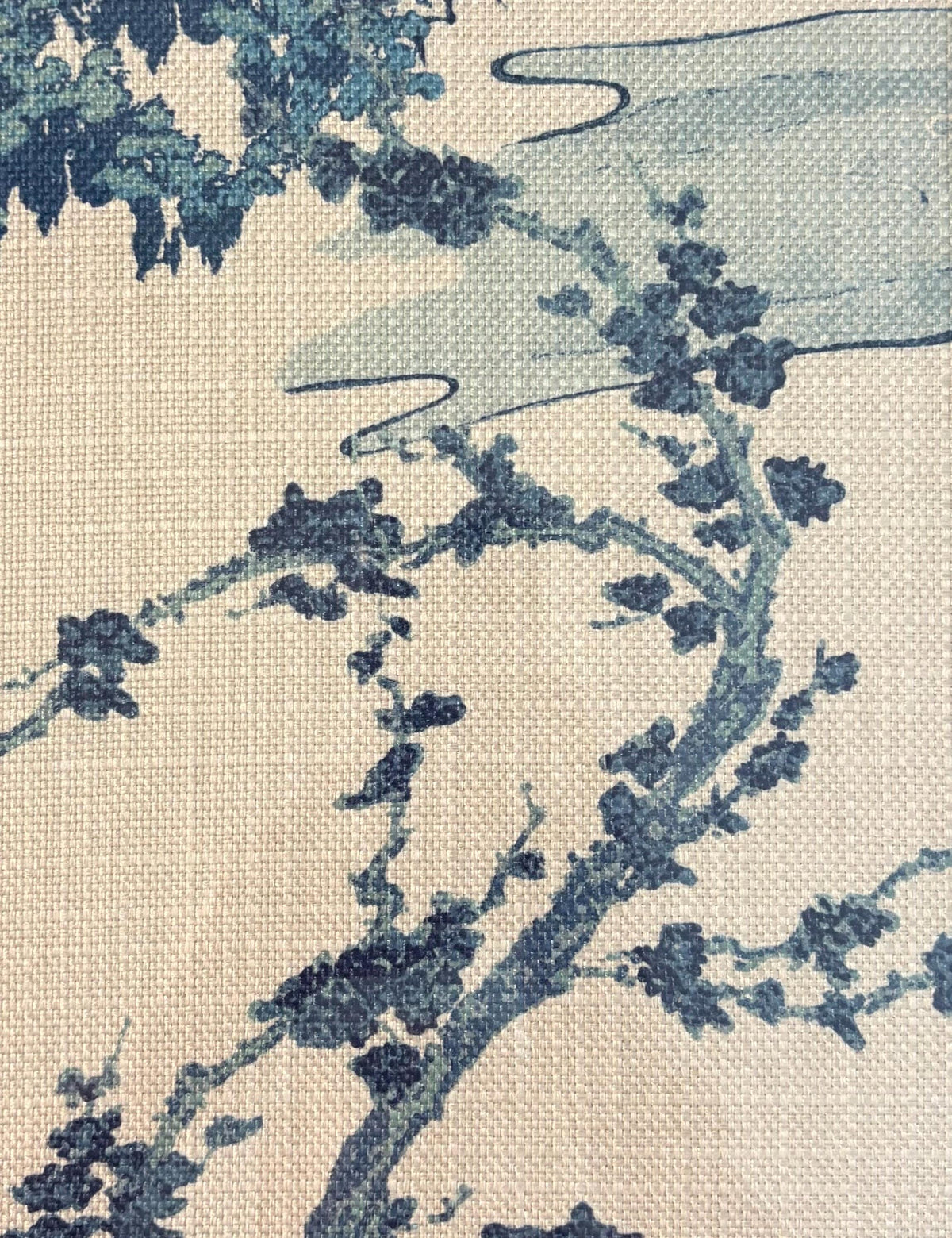 Chinoiserie Indigo Cherry Blossom Fabric Wall Art in Gold Bamboo Frame - Zen Textile Decor 12x15