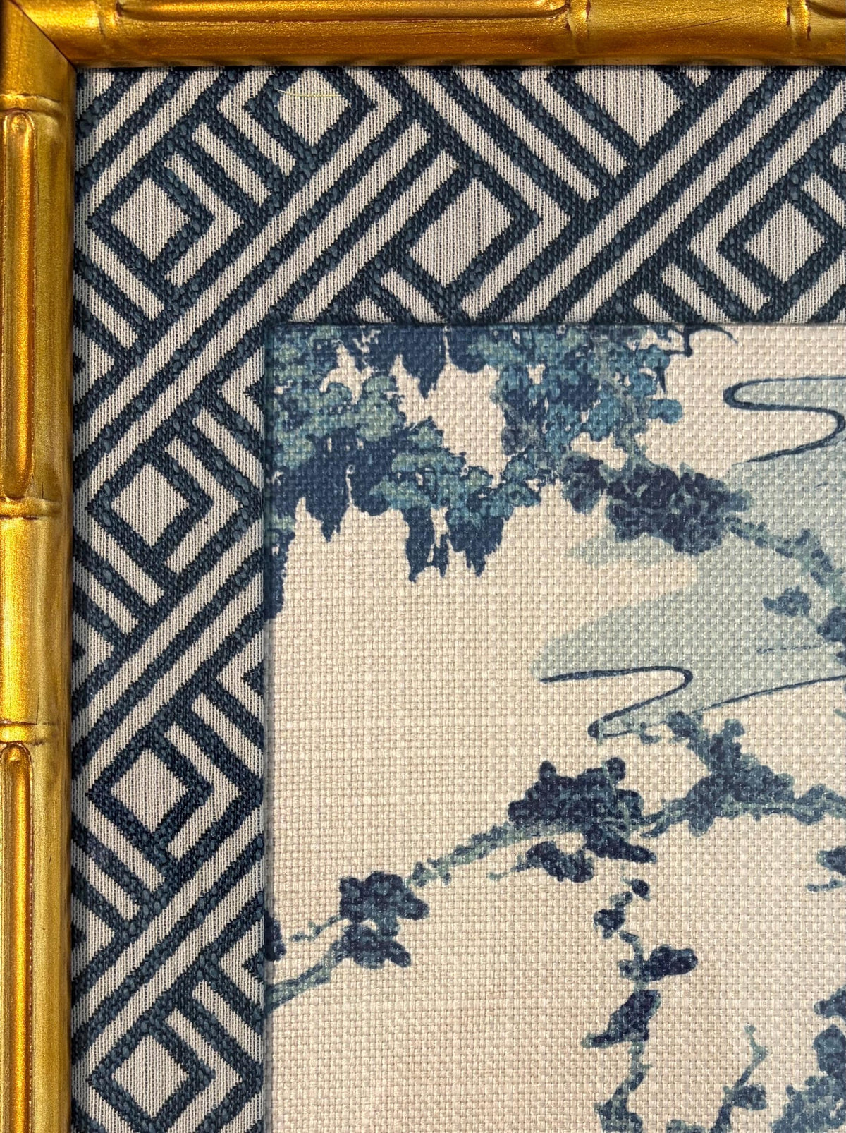 Chinoiserie Indigo Cherry Blossom Fabric Wall Art in Gold Bamboo Frame - Zen Textile Decor 12x15