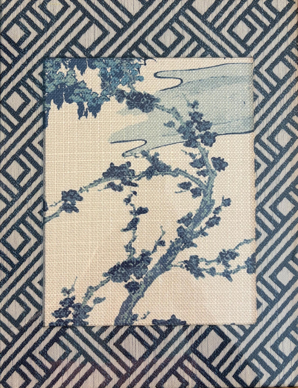 Chinoiserie Indigo Cherry Blossom Fabric Wall Art in Gold Bamboo Frame - Zen Textile Decor 12x15