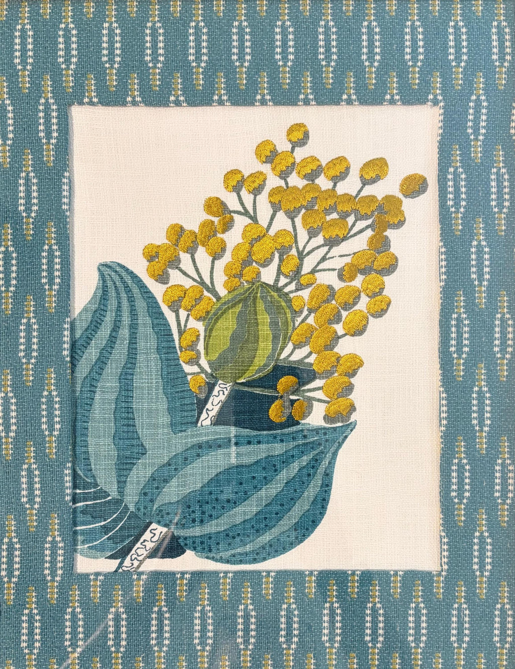 Ballard Designs Emmie Blue Botanical Fabric Art Pair - Gold Framed Wall Decor Set of 2