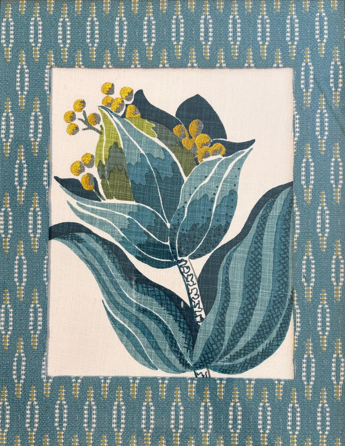 Ballard Designs Emmie Blue Botanical Fabric Art Pair - Gold Framed Wall Decor Set of 2