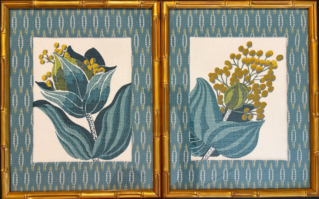 Ballard Designs Emmie Blue Botanical Fabric Art Pair - Gold Framed Wall Decor Set of 2