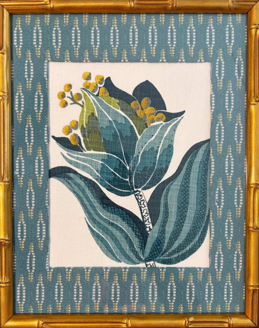 Ballard Designs Emmie Blue Botanical Fabric Art Pair - Gold Framed Wall Decor Set of 2