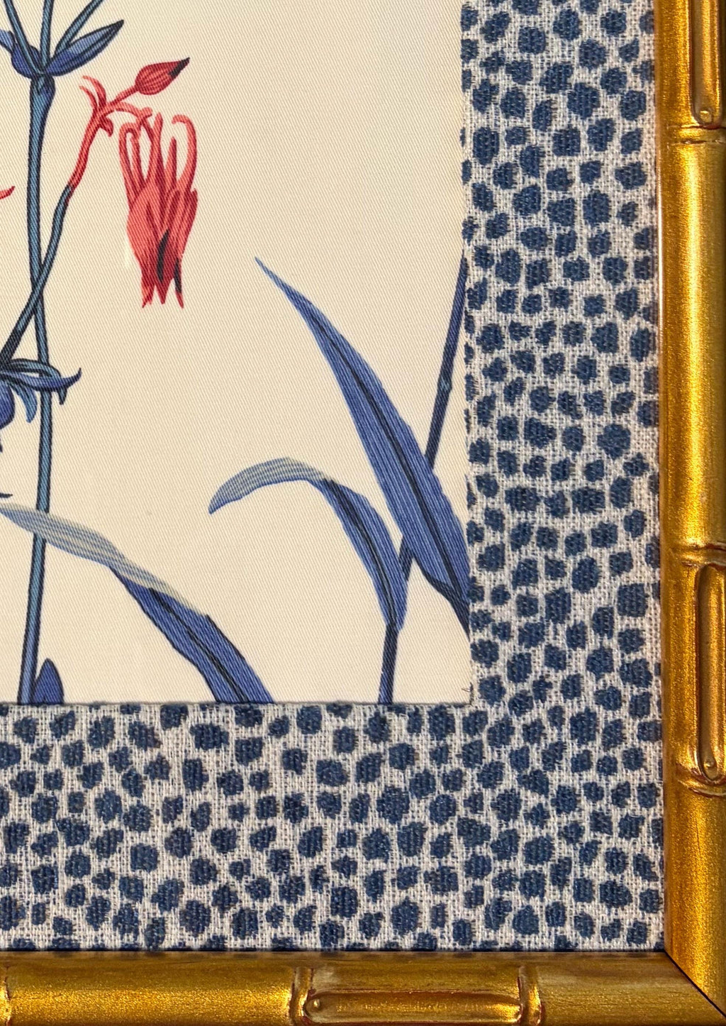 Custom Ballard Designs Isabella Blue Fabric Art with Tully Matting in Gold Bamboo Frame, 12x15 Wall Decor