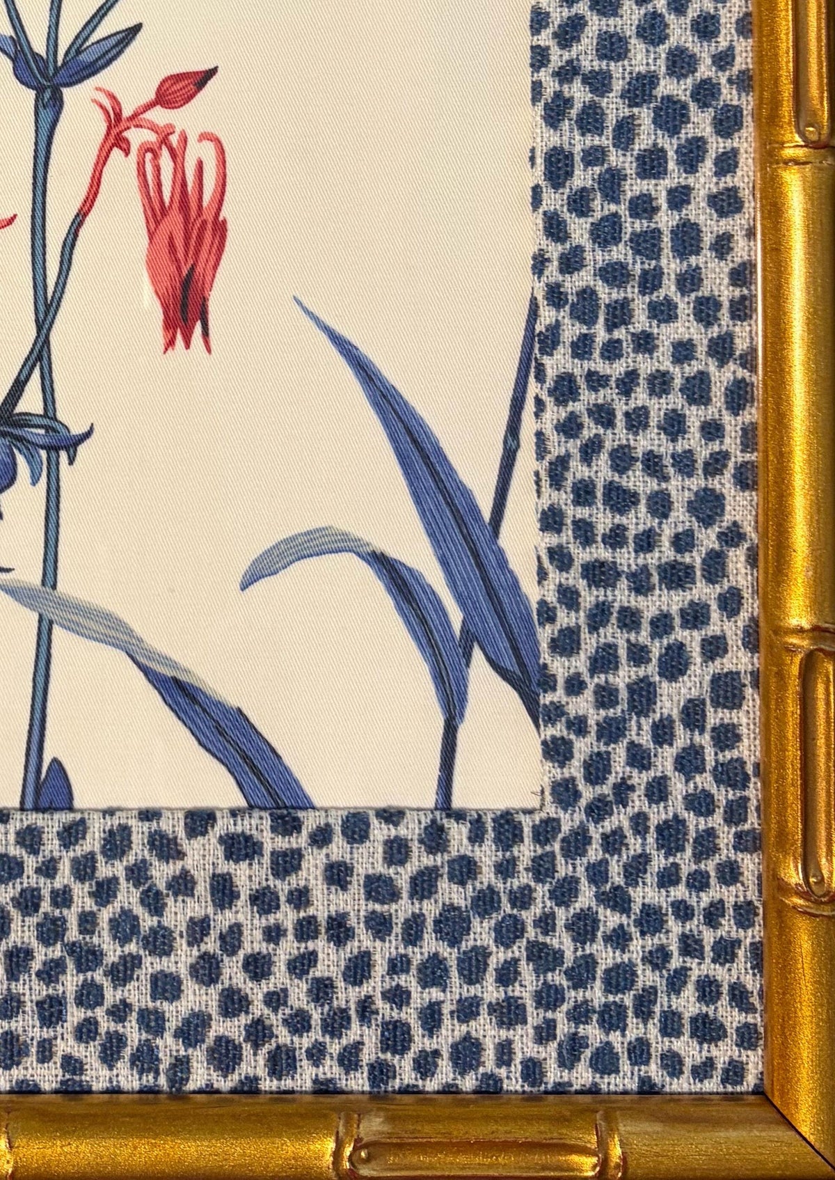 Custom Ballard Designs Isabella Blue Fabric Art with Tully Matting in Gold Bamboo Frame, 12x15 Wall Decor