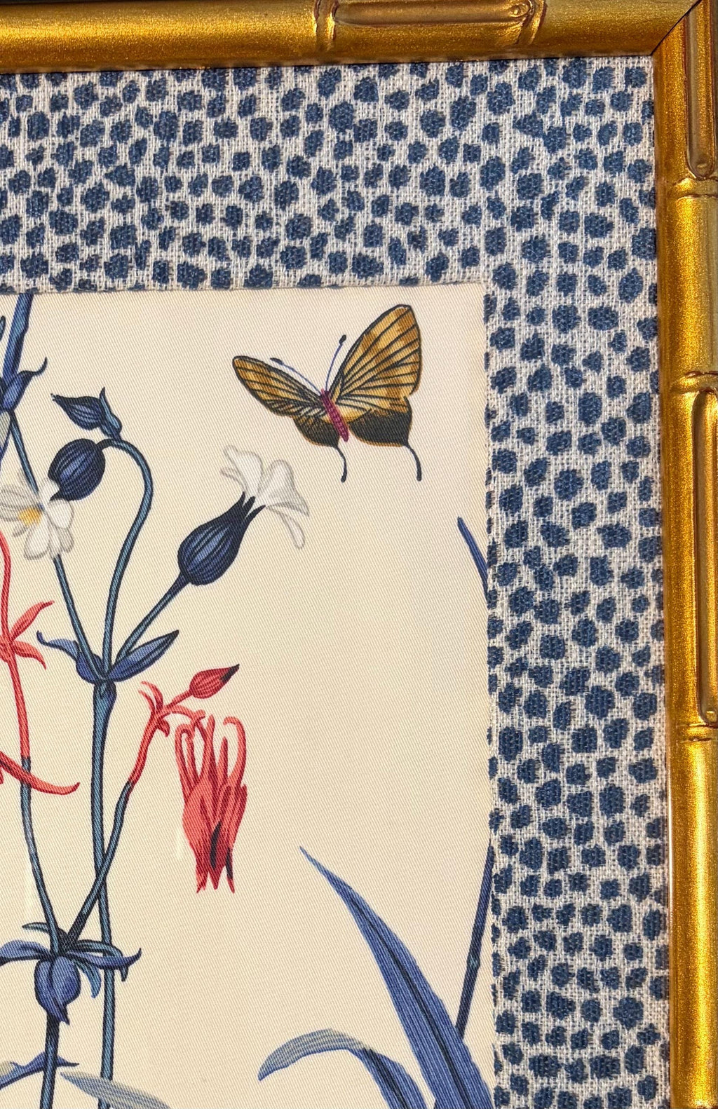 Custom Ballard Designs Isabella Blue Fabric Art with Tully Matting in Gold Bamboo Frame, 12x15 Wall Decor