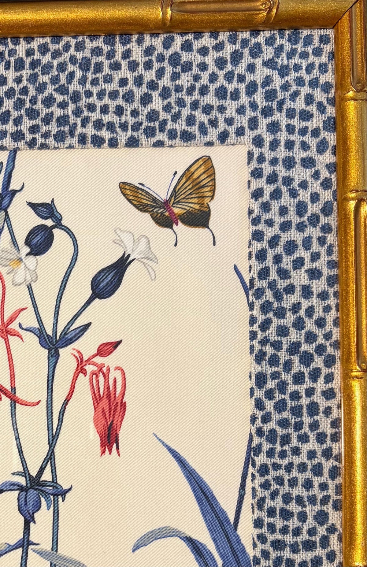 Custom Ballard Designs Isabella Blue Fabric Art with Tully Matting in Gold Bamboo Frame, 12x15 Wall Decor