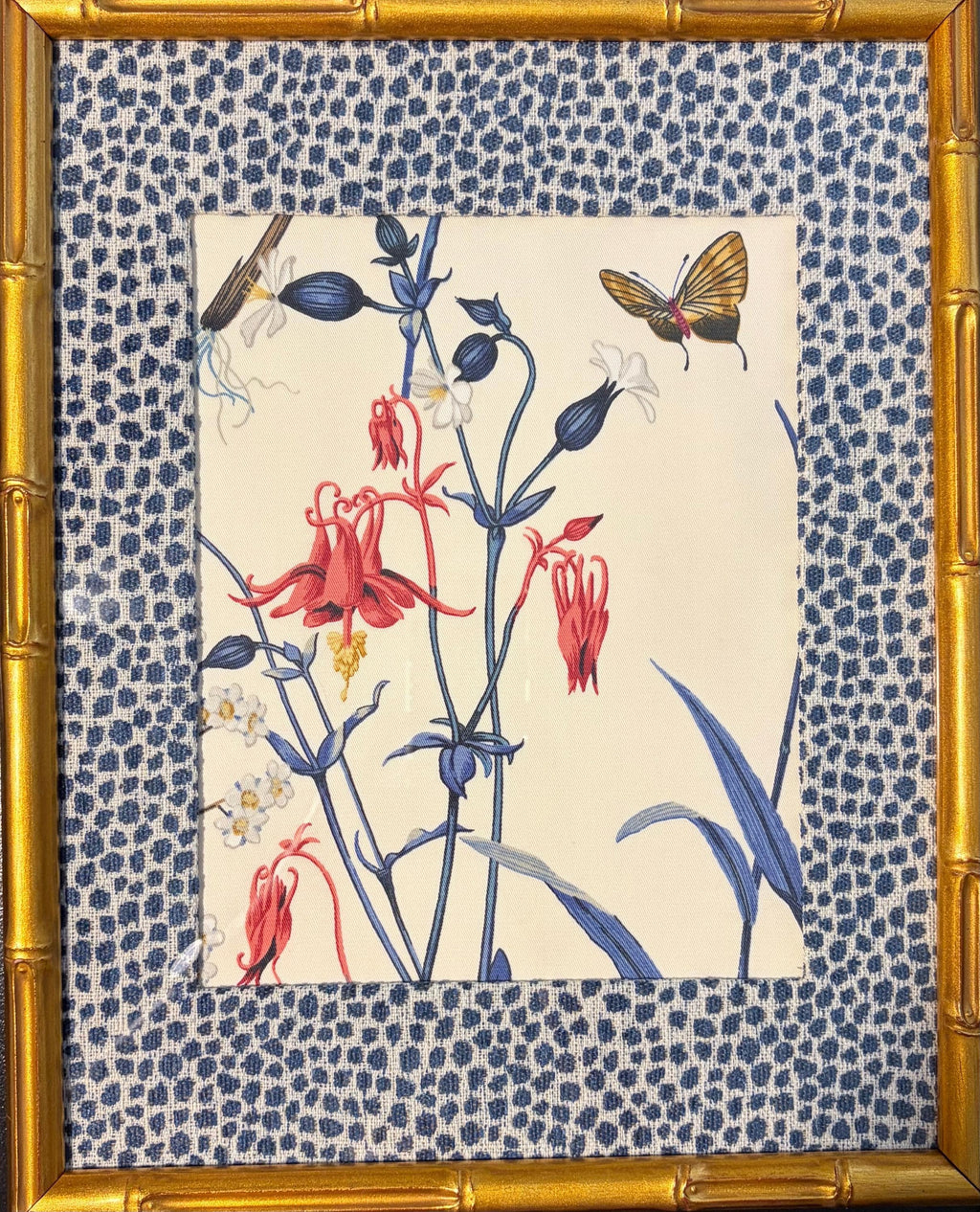 Custom Ballard Designs Isabella Blue Fabric Art with Tully Matting in Gold Bamboo Frame, 12x15 Wall Decor