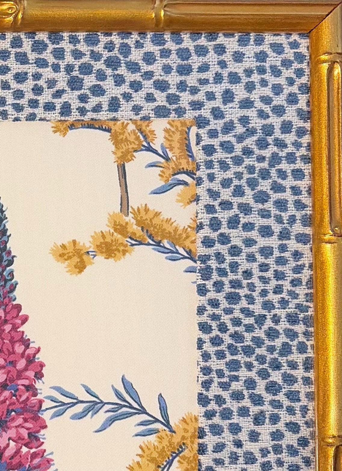 Ballard Designs Isabella Blue Botanical Framed Fabric Wall Art with Tully Dot Mat, Gold Bamboo Frame, 12x15
