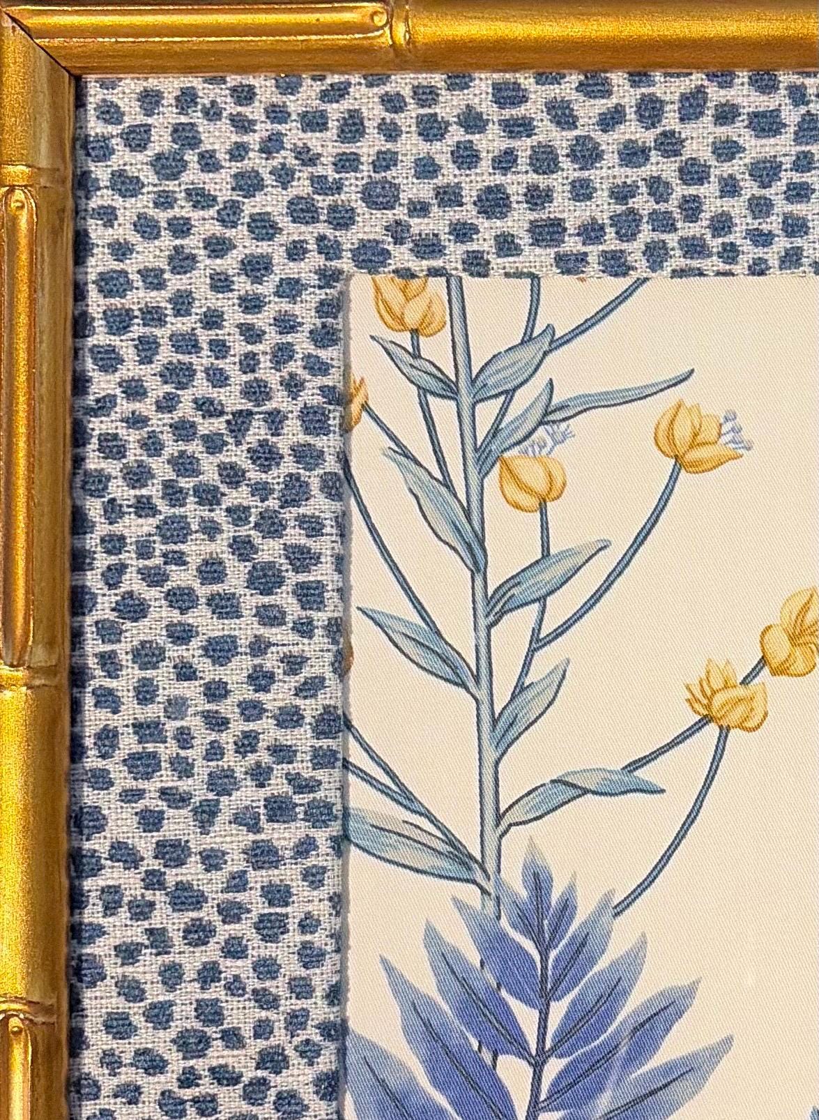 Ballard Designs Isabella Blue Botanical Framed Fabric Wall Art with Tully Dot Mat, Gold Bamboo Frame, 12x15