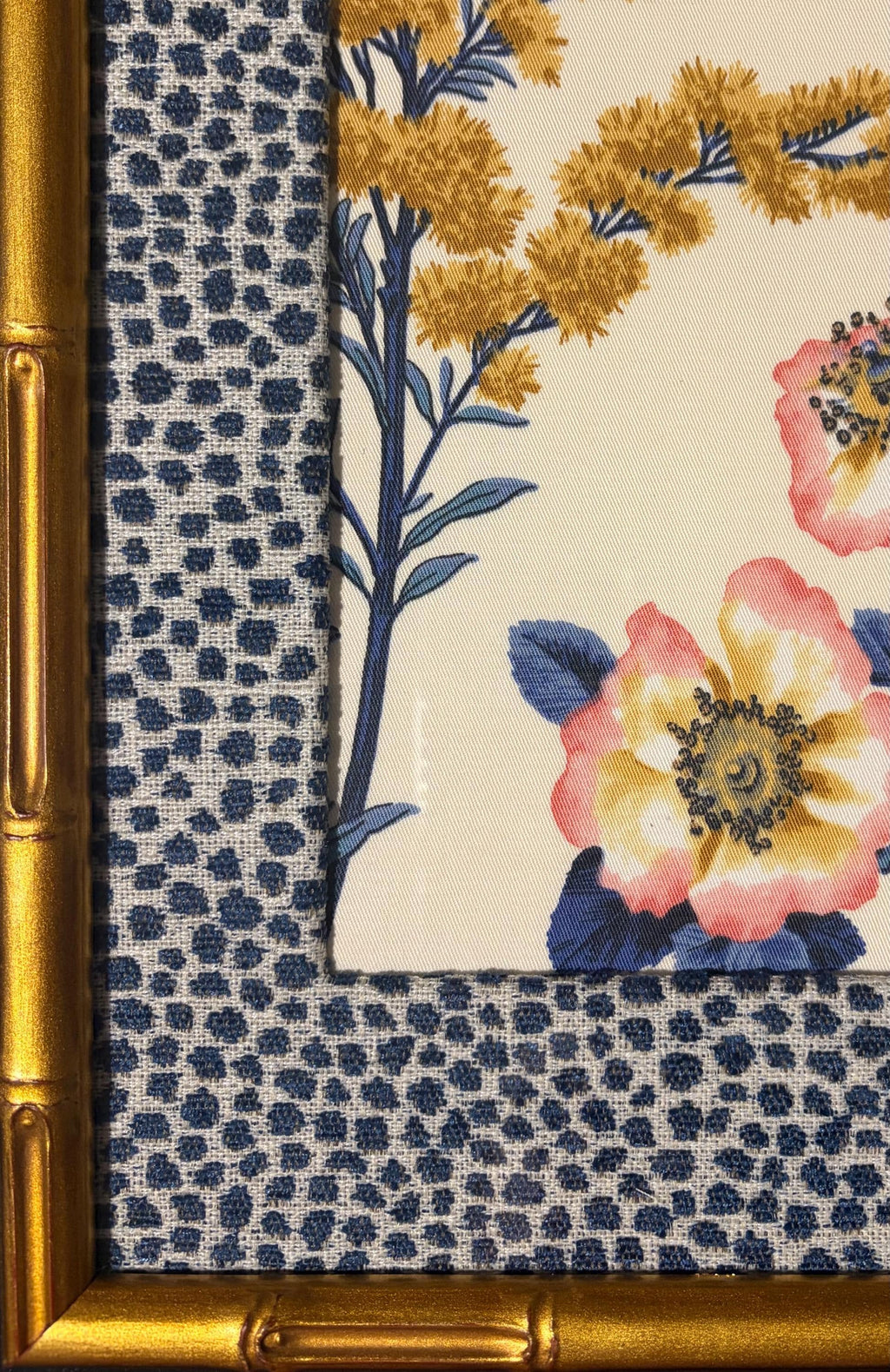 Isabella Blue Fabric Art in Gold Bamboo Frame with Tully Matting, Ballard Designs Style, 12x15