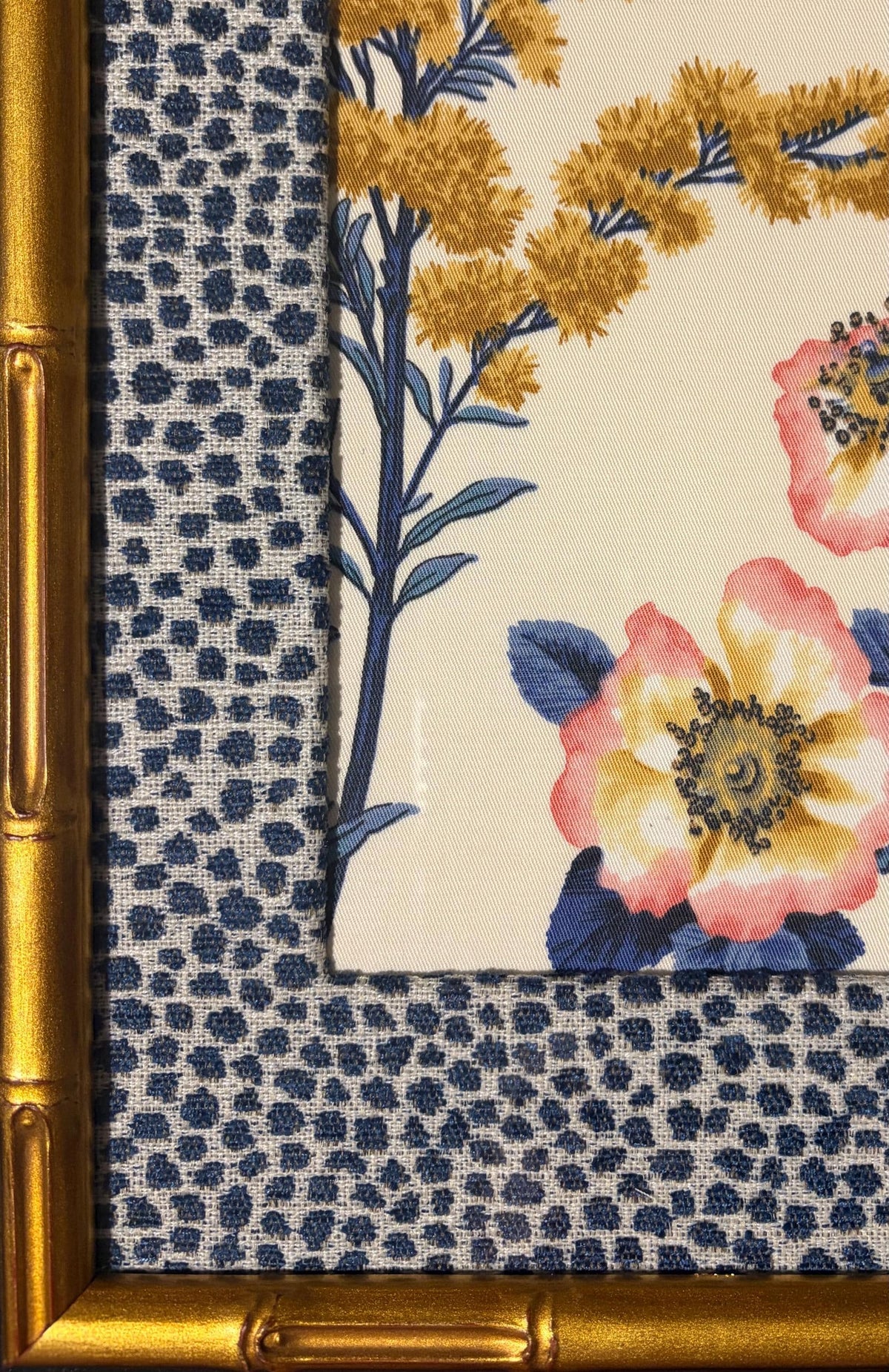 Isabella Blue Fabric Art in Gold Bamboo Frame with Tully Matting, Ballard Designs Style, 12x15