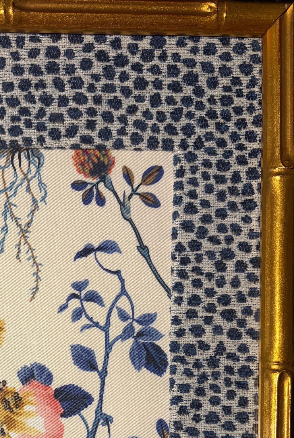 Isabella Blue Fabric Art in Gold Bamboo Frame with Tully Matting, Ballard Designs Style, 12x15