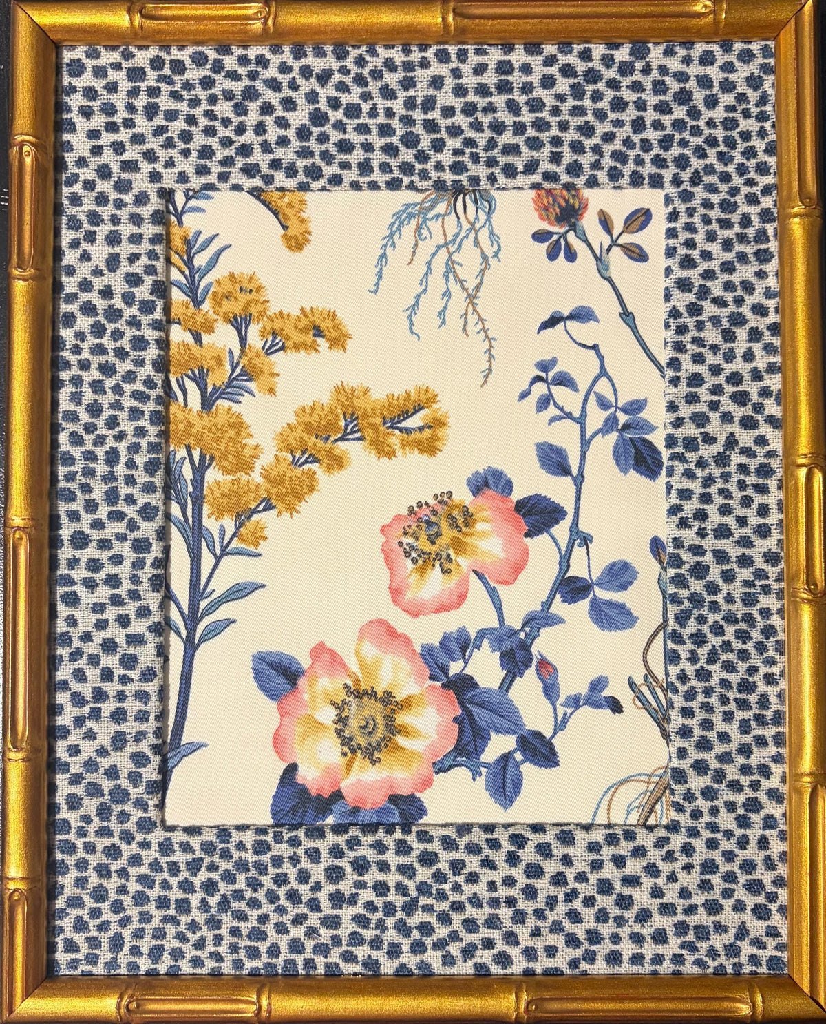 Isabella Blue Fabric Art in Gold Bamboo Frame with Tully Matting, Ballard Designs Style, 12x15
