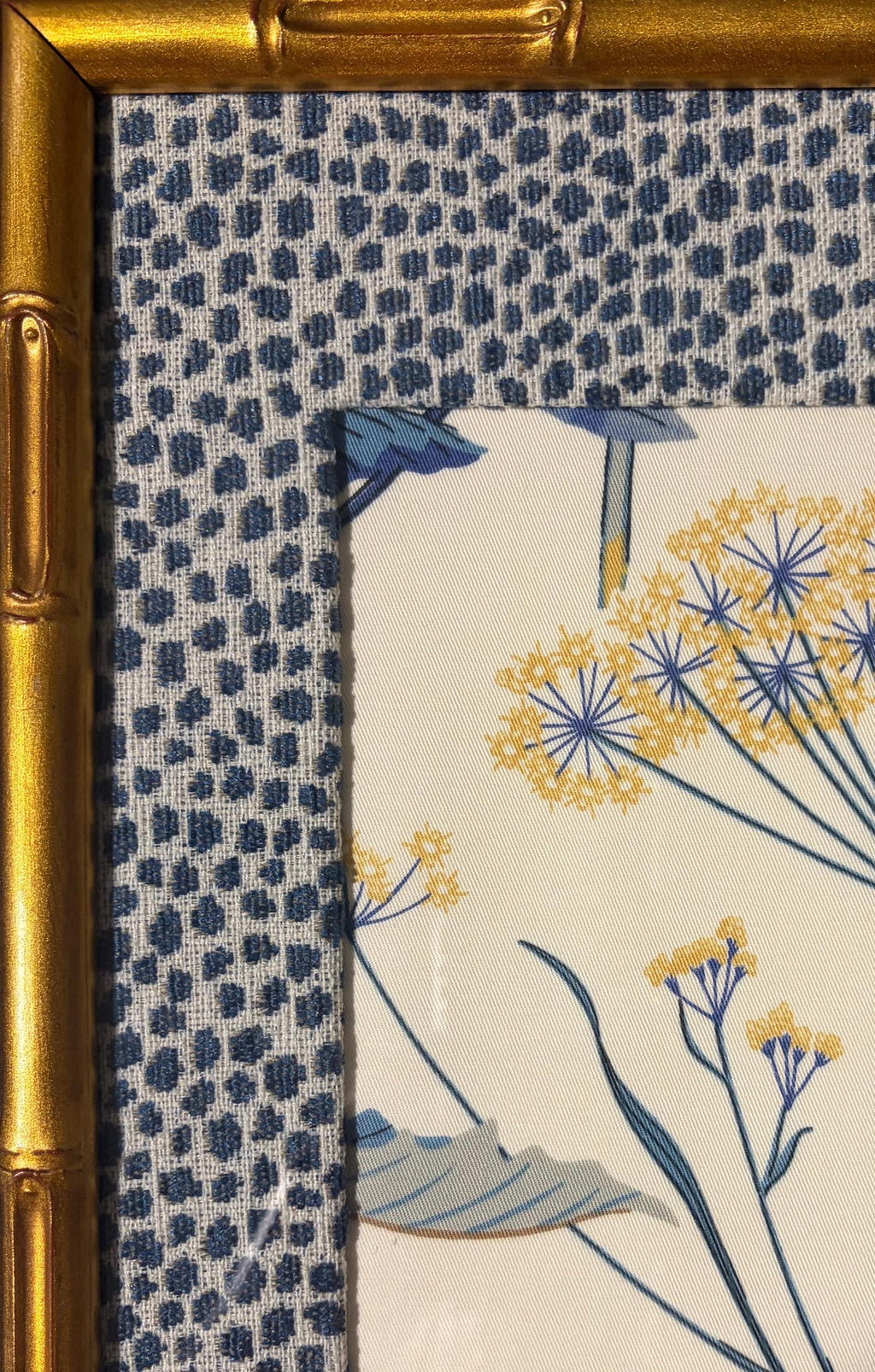 Ballard Designs Isabella Blue Botanical Garden Framed Fabric Art, Tully Mat, Gold Bamboo Frame 12x15