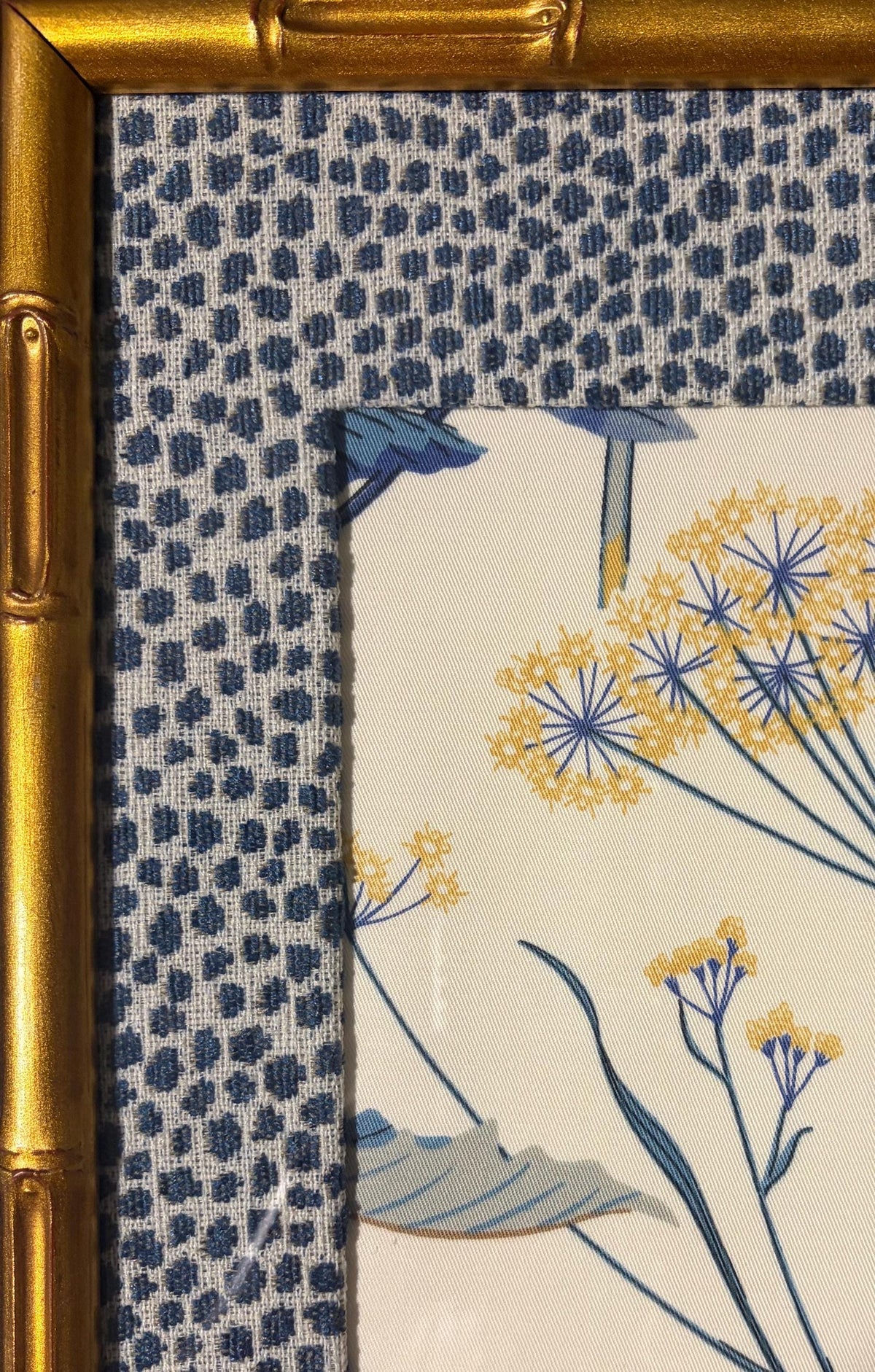 Ballard Designs Isabella Blue Botanical Garden Framed Fabric Art, Tully Mat, Gold Bamboo Frame 12x15