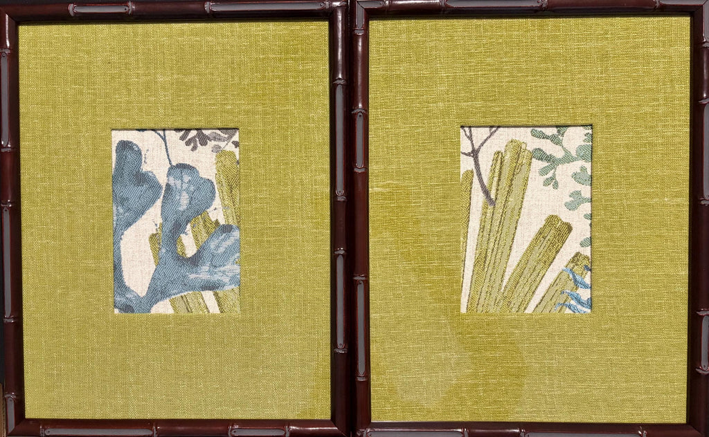 Pair Framed Fabric Wall Art: Blue Green, Mahogany Bamboo Style Frame, Custom Matting 12x15