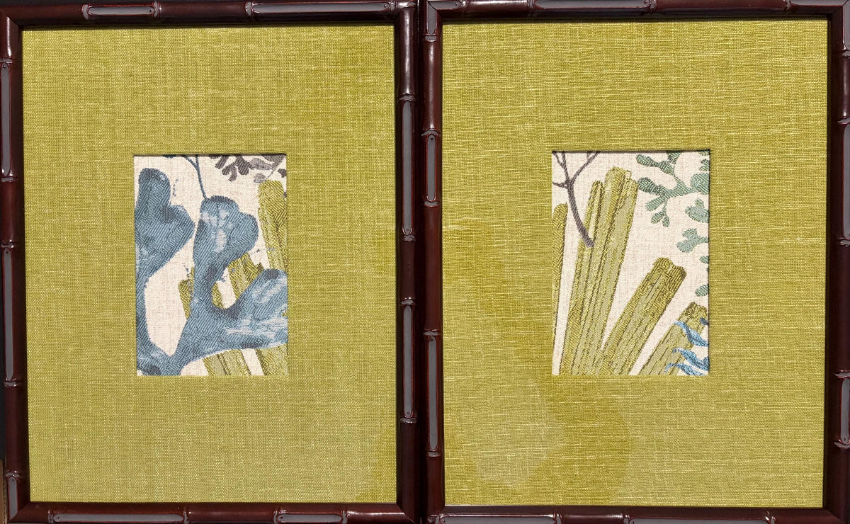 Pair Framed Fabric Wall Art: Blue Green, Mahogany Bamboo Style Frame, Custom Matting 12x15