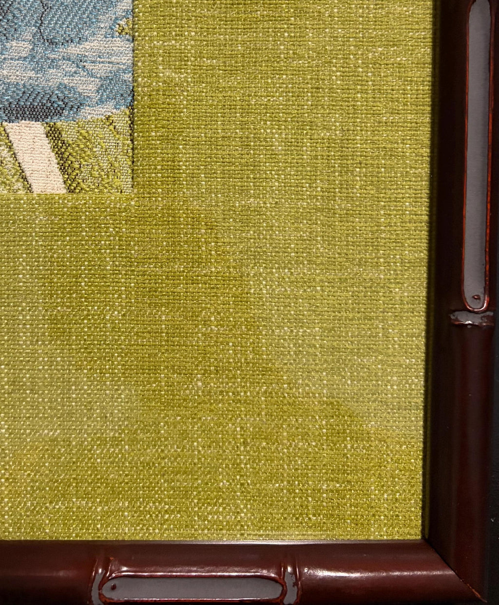 Pair Framed Fabric Wall Art: Blue Green, Mahogany Bamboo Style Frame, Custom Matting 12x15