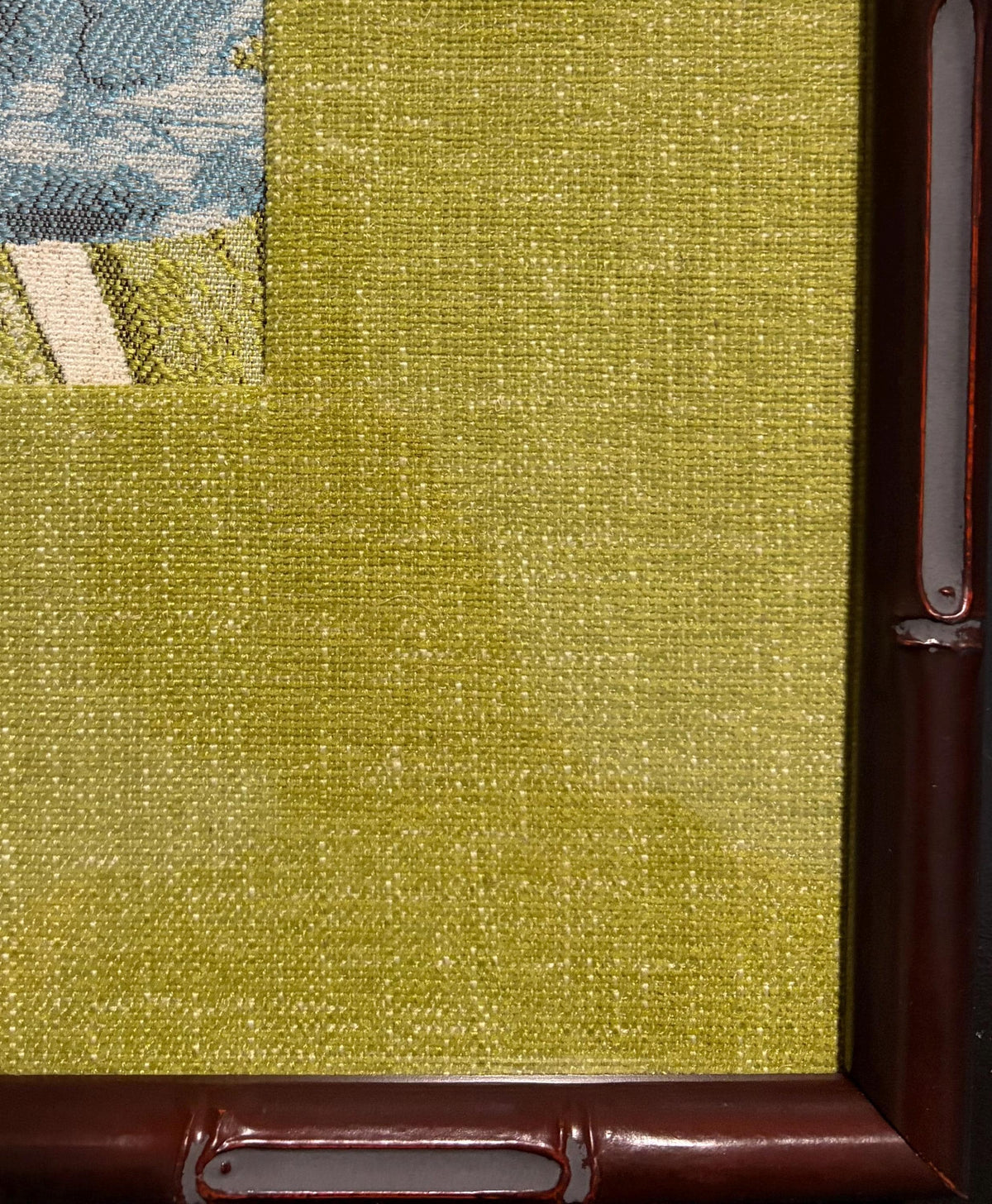 Pair Framed Fabric Wall Art: Blue Green, Mahogany Bamboo Style Frame, Custom Matting 12x15