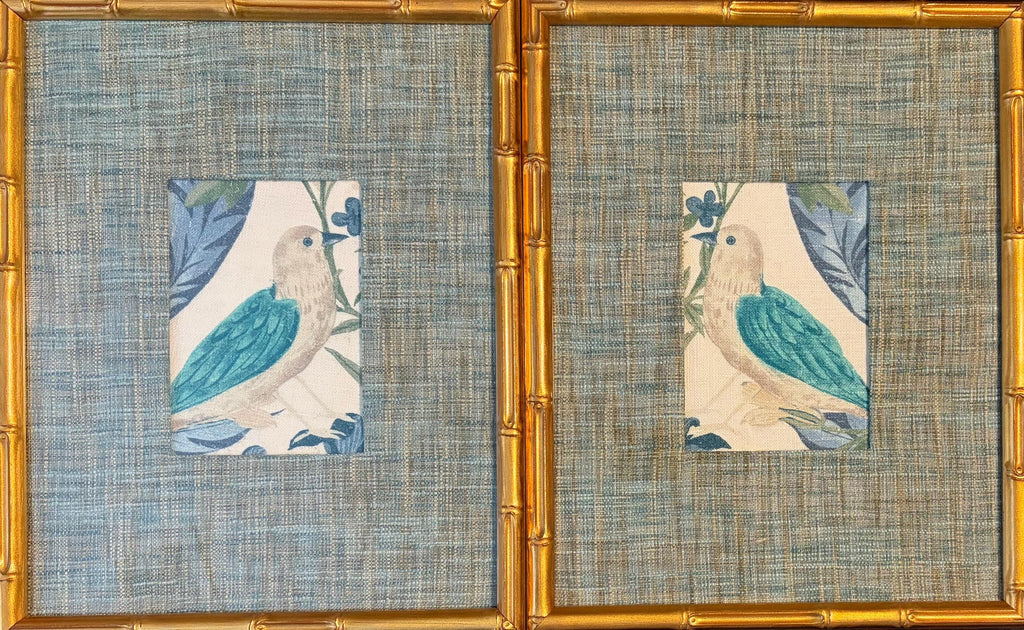 Fabric Bird Wall Art Pair - Blue & Brown Textured Mat with Gold Bamboo Frame Set