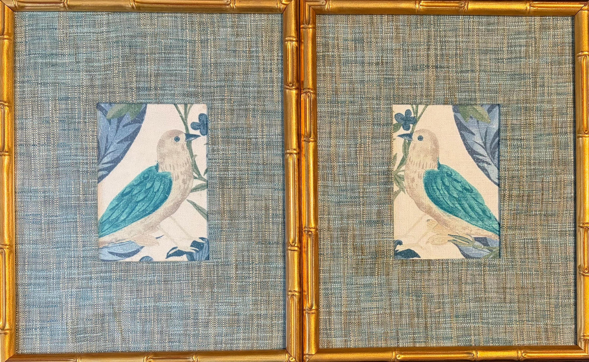 Fabric Bird Wall Art Pair - Blue & Brown Textured Mat with Gold Bamboo Frame Set