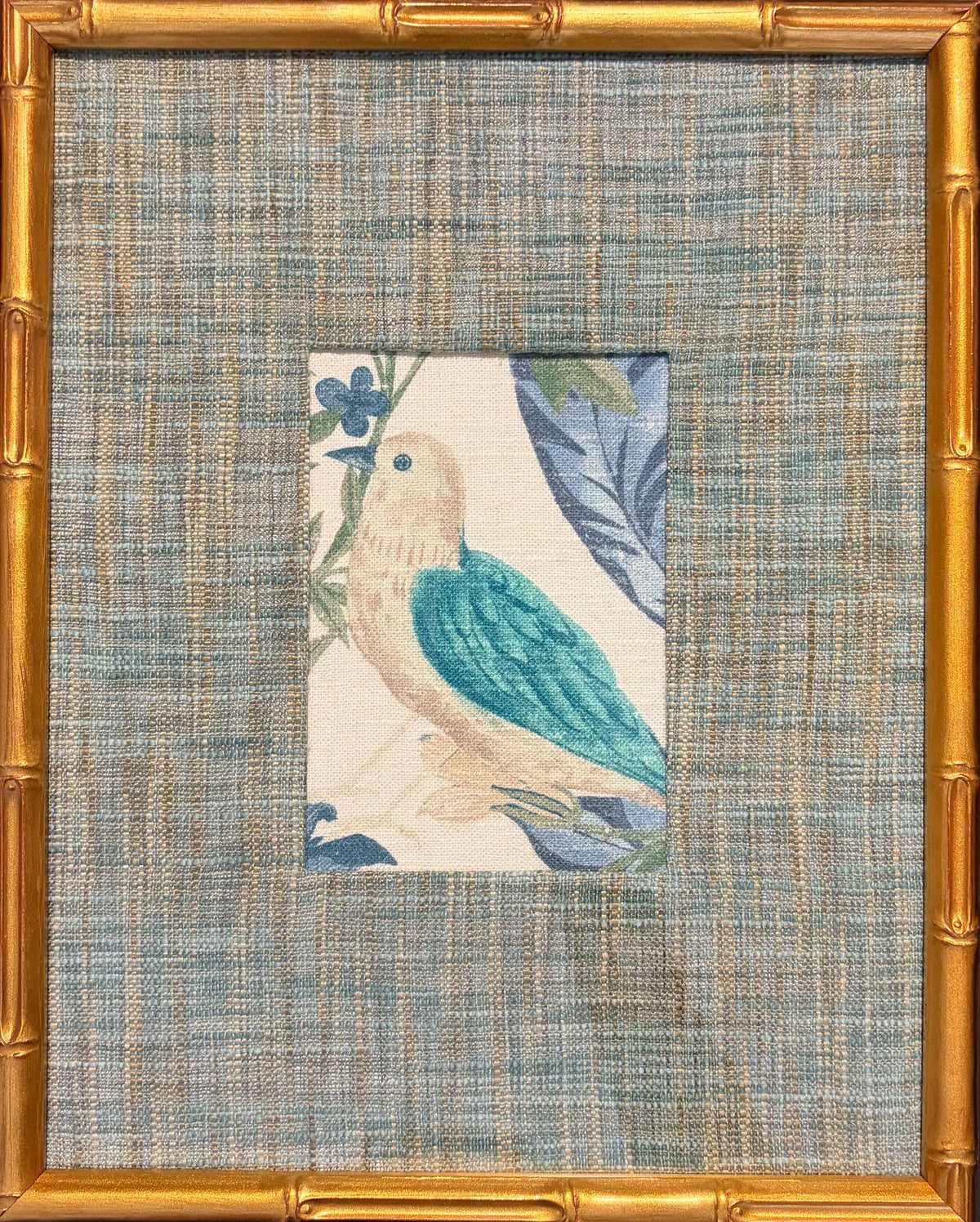 Fabric Bird Wall Art Pair - Blue & Brown Textured Mat with Gold Bamboo Frame Set