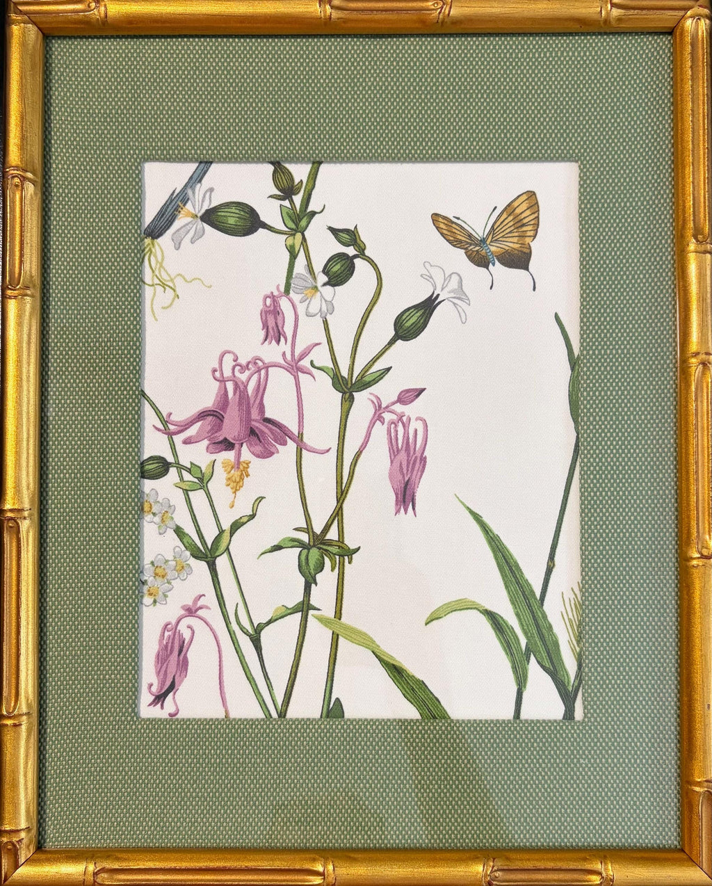 Custom Ballard Designs Isabella Green Fabric Art with Callen Matting in Gold Frame Bamboo Style 12x15