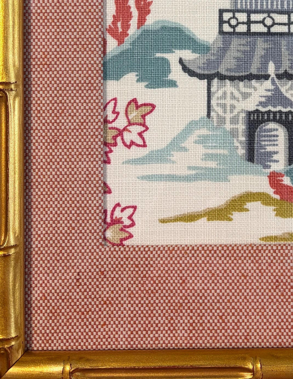 Suki Blue Chinoiserie Fabric Wall Art in Gold Bamboo Style Frame, 12x15 Ballard Designs Framed Textile Decor