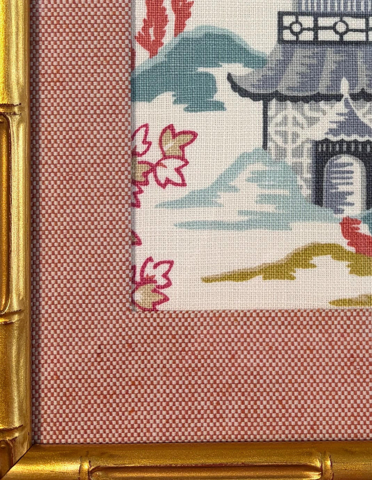 Suki Blue Chinoiserie Fabric Wall Art in Gold Bamboo Style Frame, 12x15 Ballard Designs Framed Textile Decor