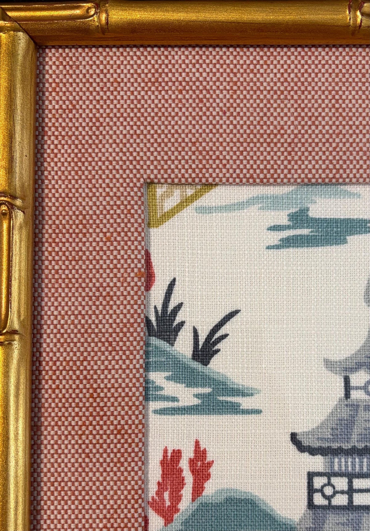Suki Blue Chinoiserie Fabric Wall Art in Gold Bamboo Style Frame, 12x15 Ballard Designs Framed Textile Decor