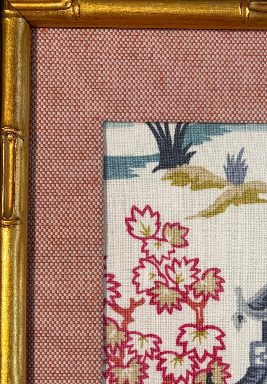 Chinoiserie Wall Art in Bamboo Style Gold Frame, Suki Fabric Print 12x15, Ballard Designs Inspired Decor