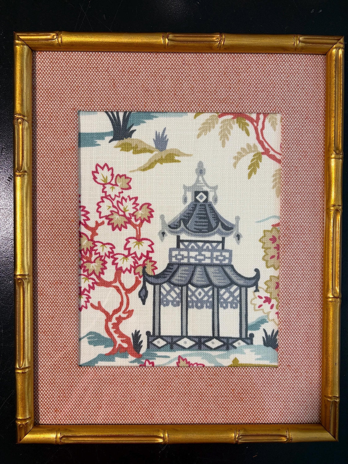 Chinoiserie Wall Art in Bamboo Style Gold Frame, Suki Fabric Print 12x15, Ballard Designs Inspired Decor