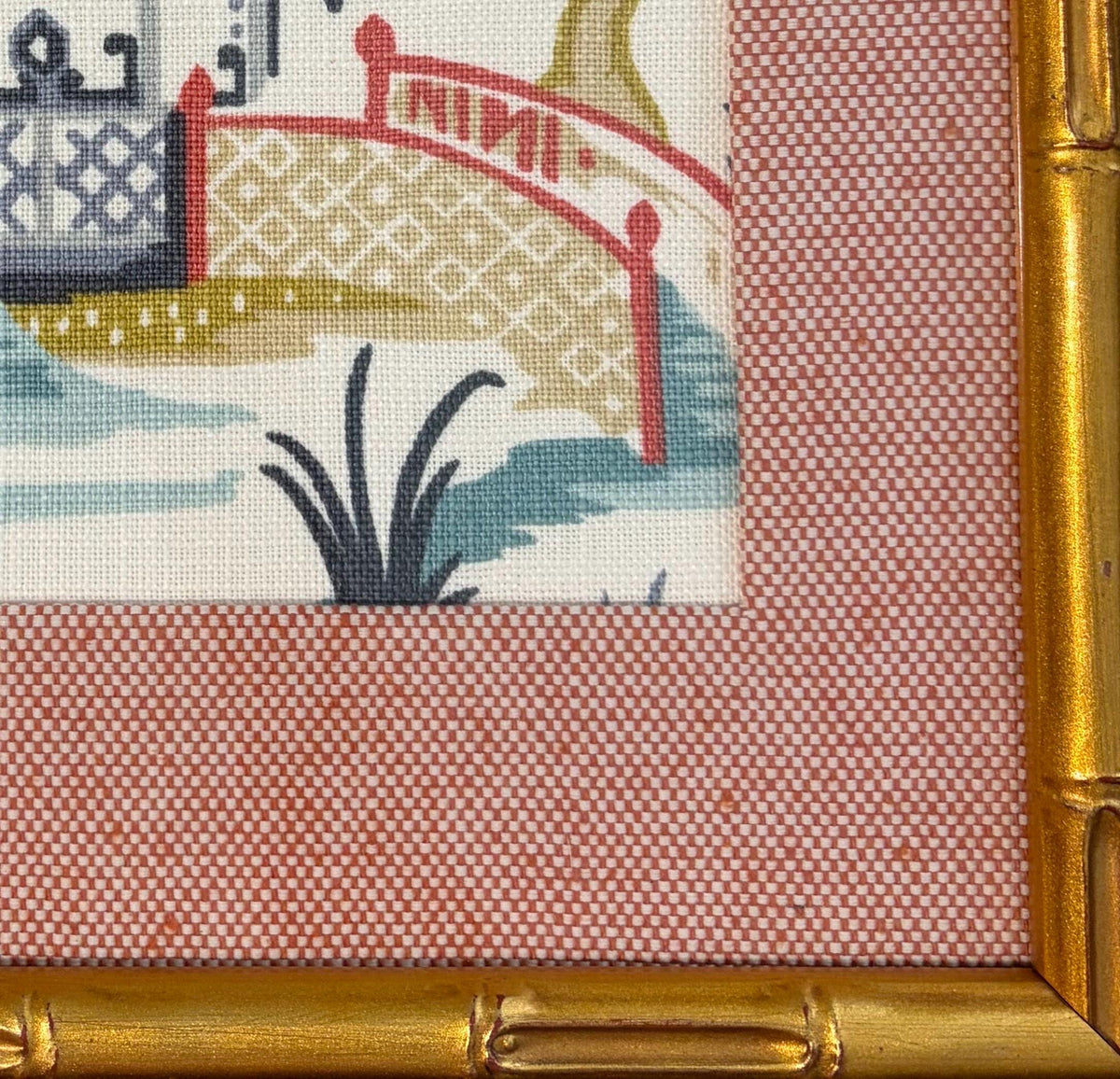 Chinoiserie Wall Art Blue Suki Fabric in Gold Bamboo Frame 12x15 Ballard Designs Style Chinese Asian Decor
