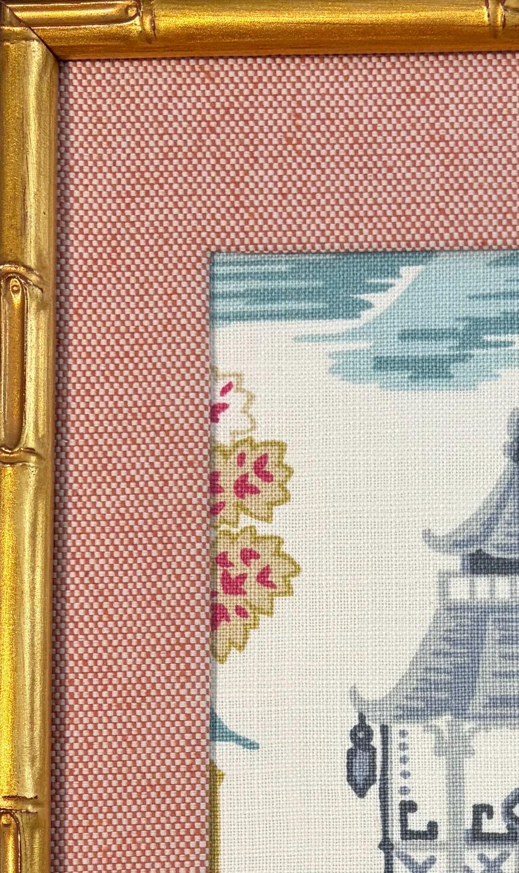 Chinoiserie Wall Art Blue Suki Fabric in Gold Bamboo Frame 12x15 Ballard Designs Style Chinese Asian Decor