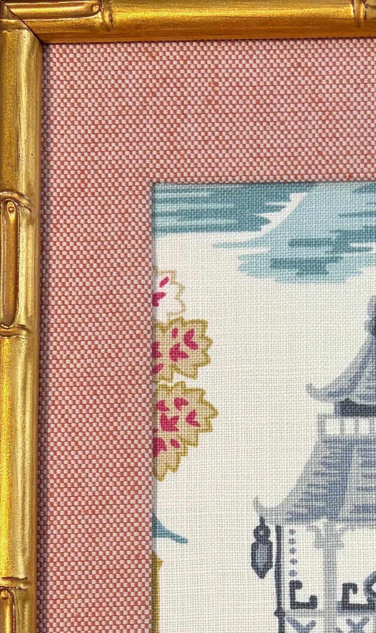 Chinoiserie Wall Art Blue Suki Fabric in Gold Bamboo Frame 12x15 Ballard Designs Style Chinese Asian Decor